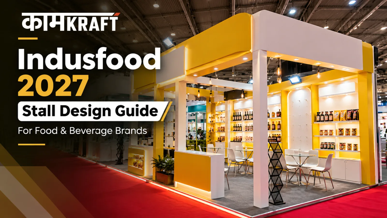 Food and beverage exhibition stall design for Indusfood 2027 with product displays and buyer meeting area