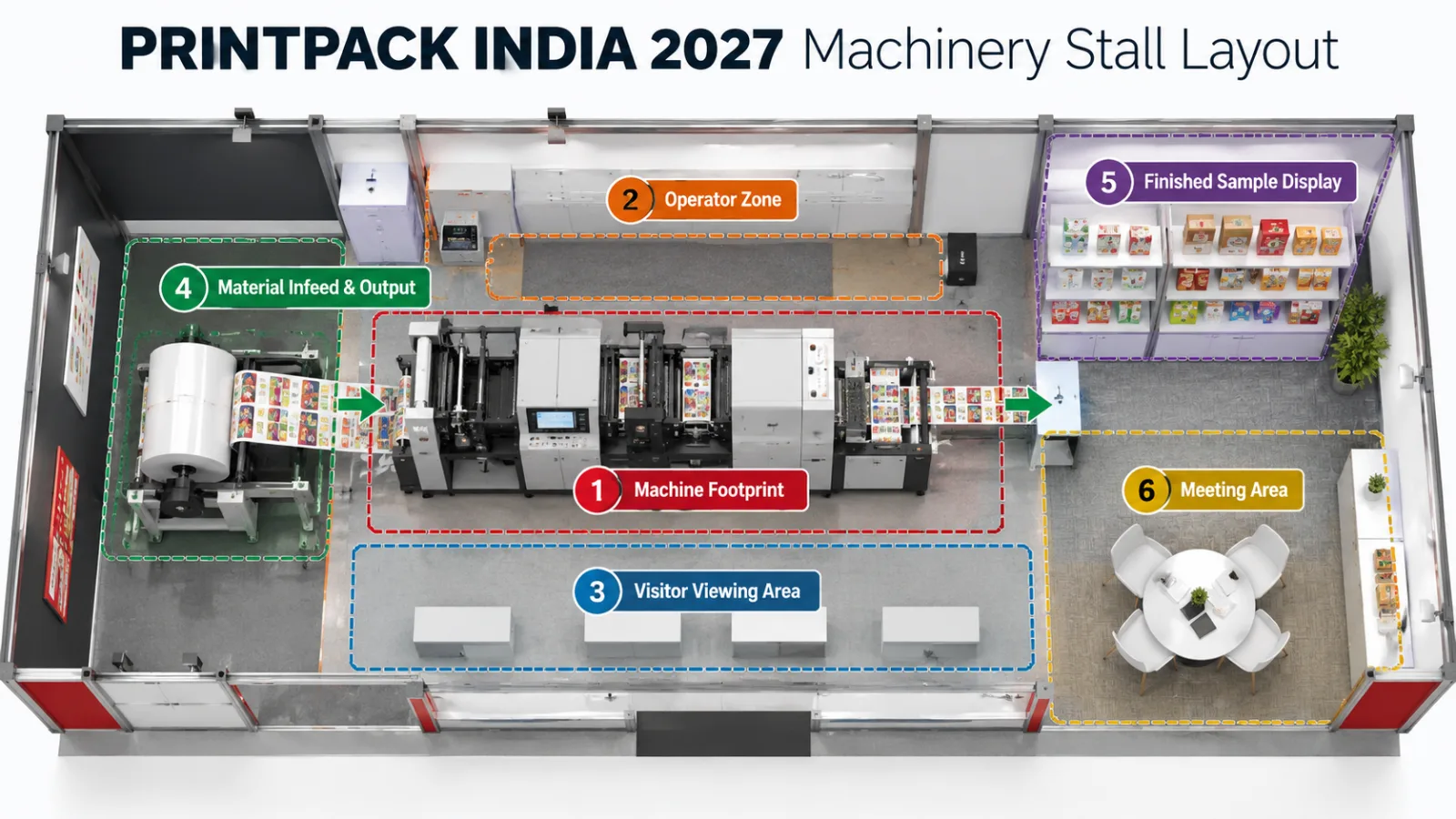 PRINTPACK INDIA 2027 machinery stall layout showing machine footprint, operator zone, visitor viewing area, material flow, sample display and meeting area