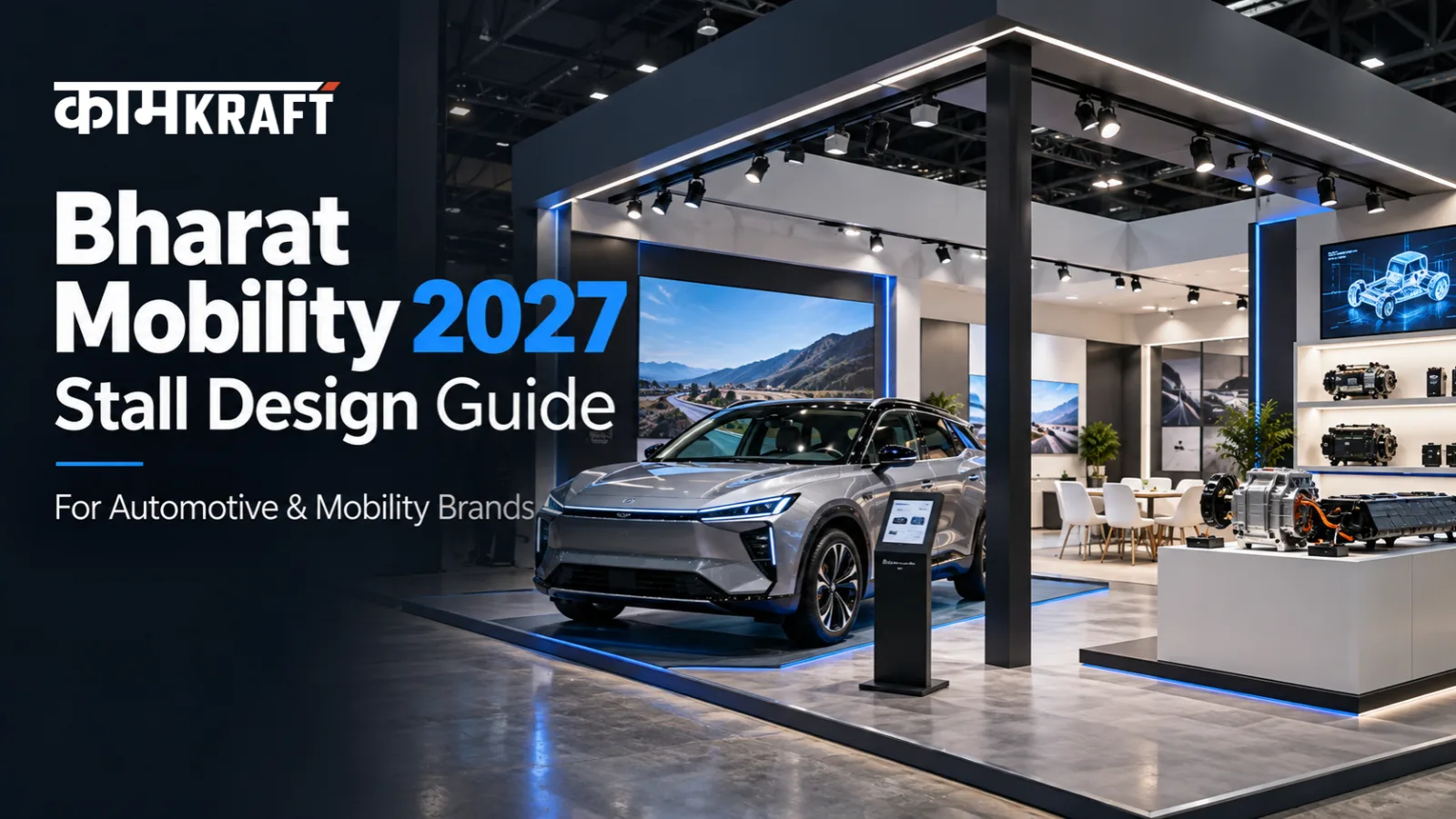 Bharat Mobility Global Expo 2027 automotive exhibition stall with vehicle display, technology demo and meeting areas