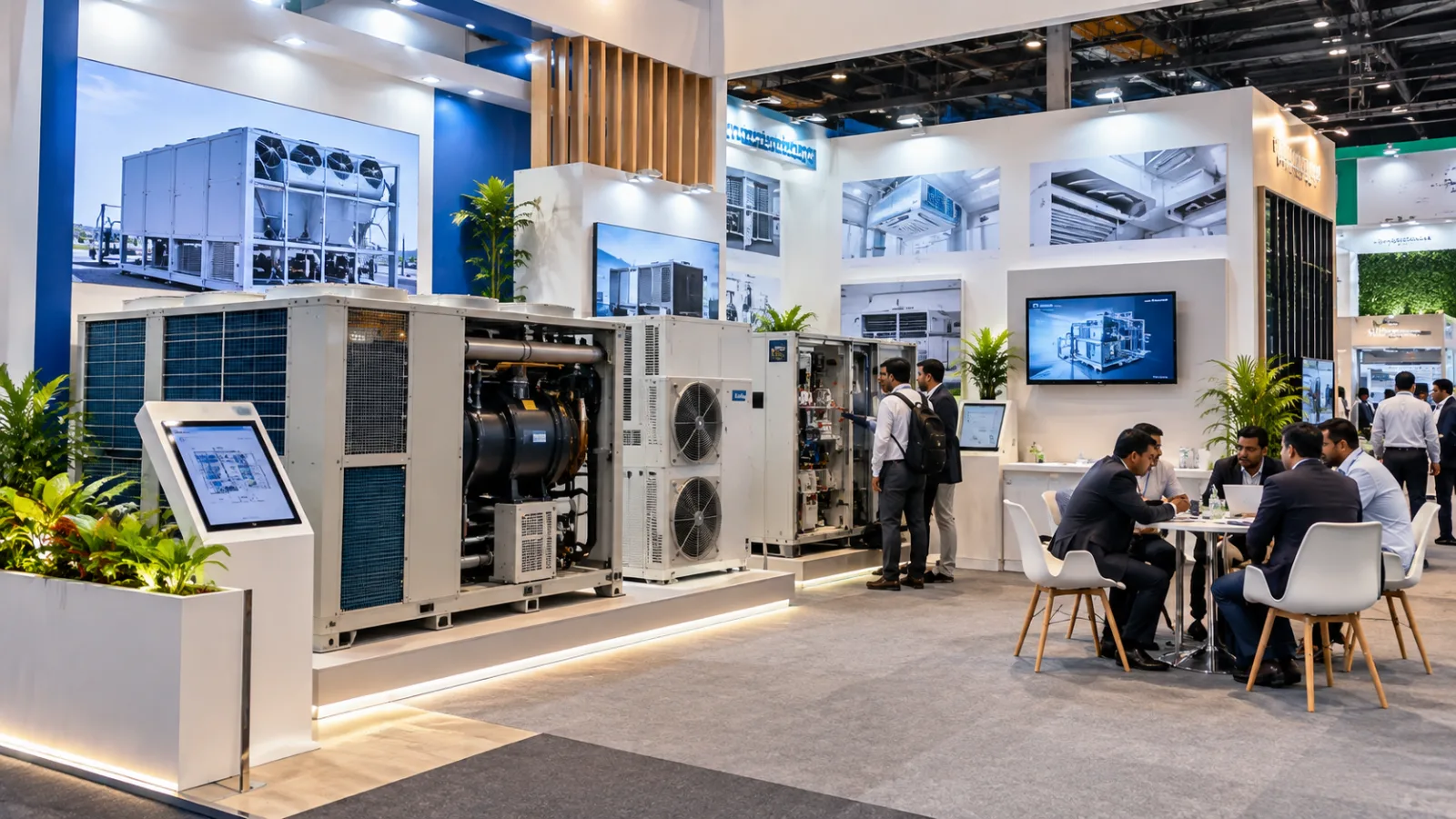 HVACR exhibition stall layout showing equipment display, demo area, visitor zone, meeting area and storage for ACREX India 2027