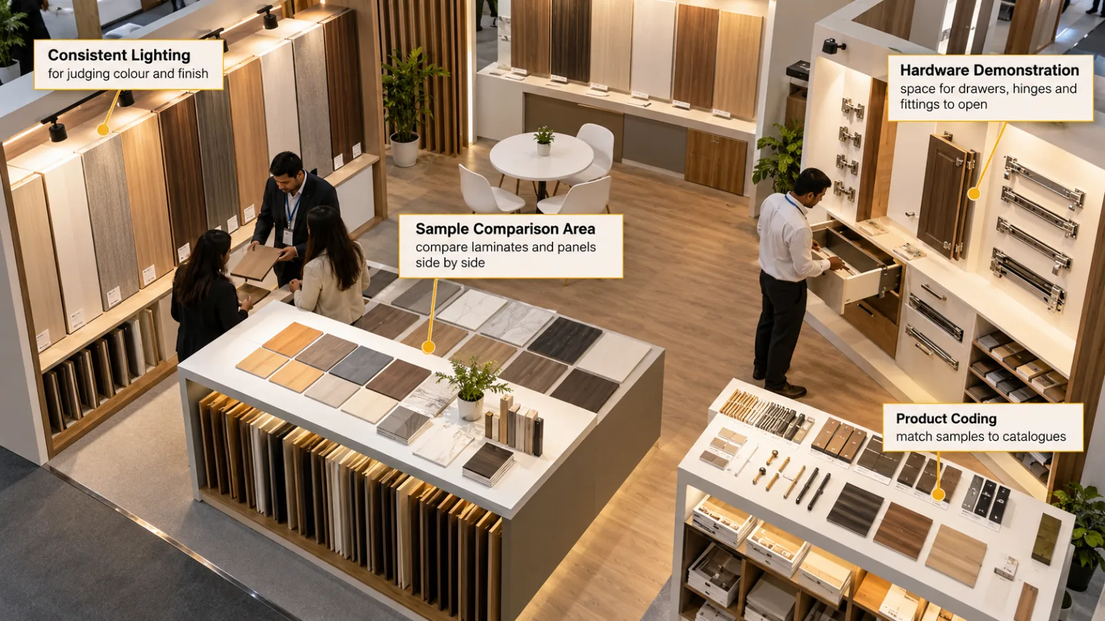 INDIAWOOD 2027 materials display showing laminate samples, hardware demonstration, consistent lighting and product coding in an exhibition stall