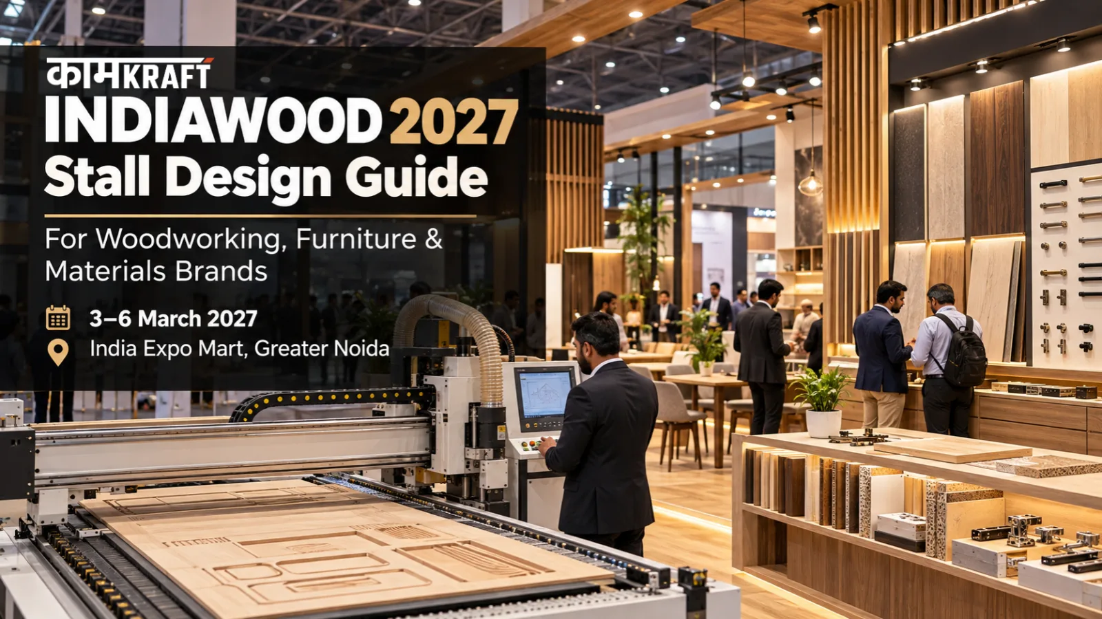INDIAWOOD 2027 stall design for woodworking machinery, furniture and materials brands at India Expo Mart Greater Noida