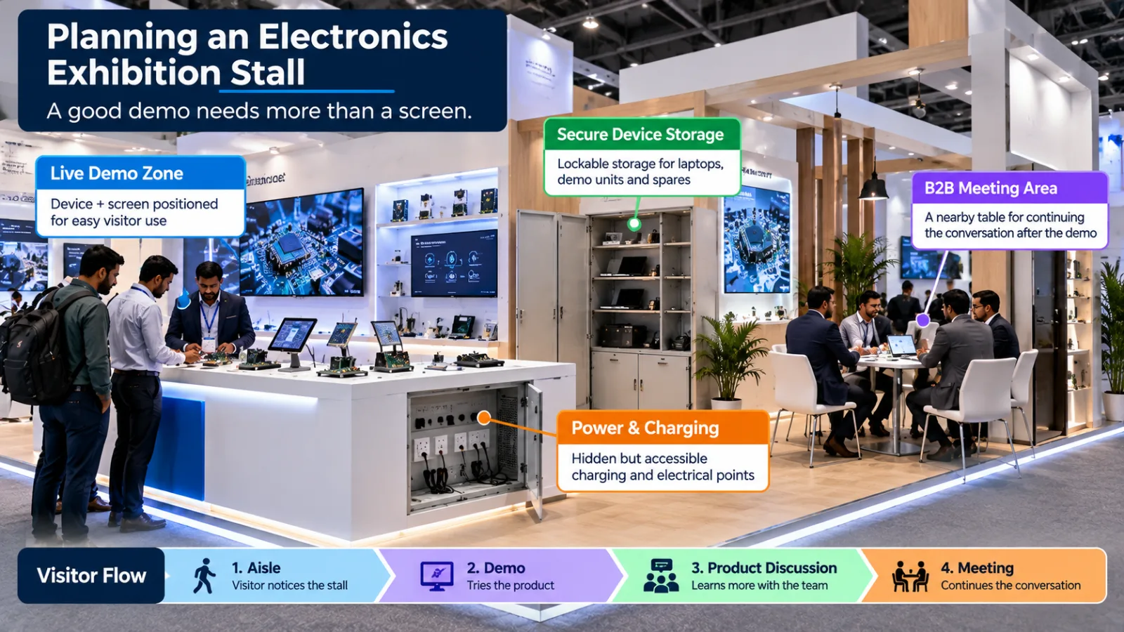 Electronics exhibition stall showing live demo zone, secure device storage, power and charging points, and B2B meeting area for India Electronics Expo 2027